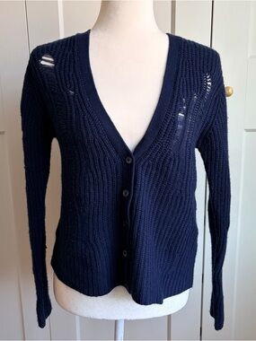Autumn Cashmere Navy Distressed V-Neck Button Cashmere Cardigan | XS